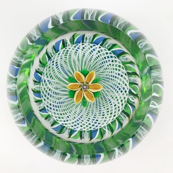 Perthshire 1981F Yellow Lampwork Flower Crown Latticinio Twist Facet Paperweight - Picture 6 of 14